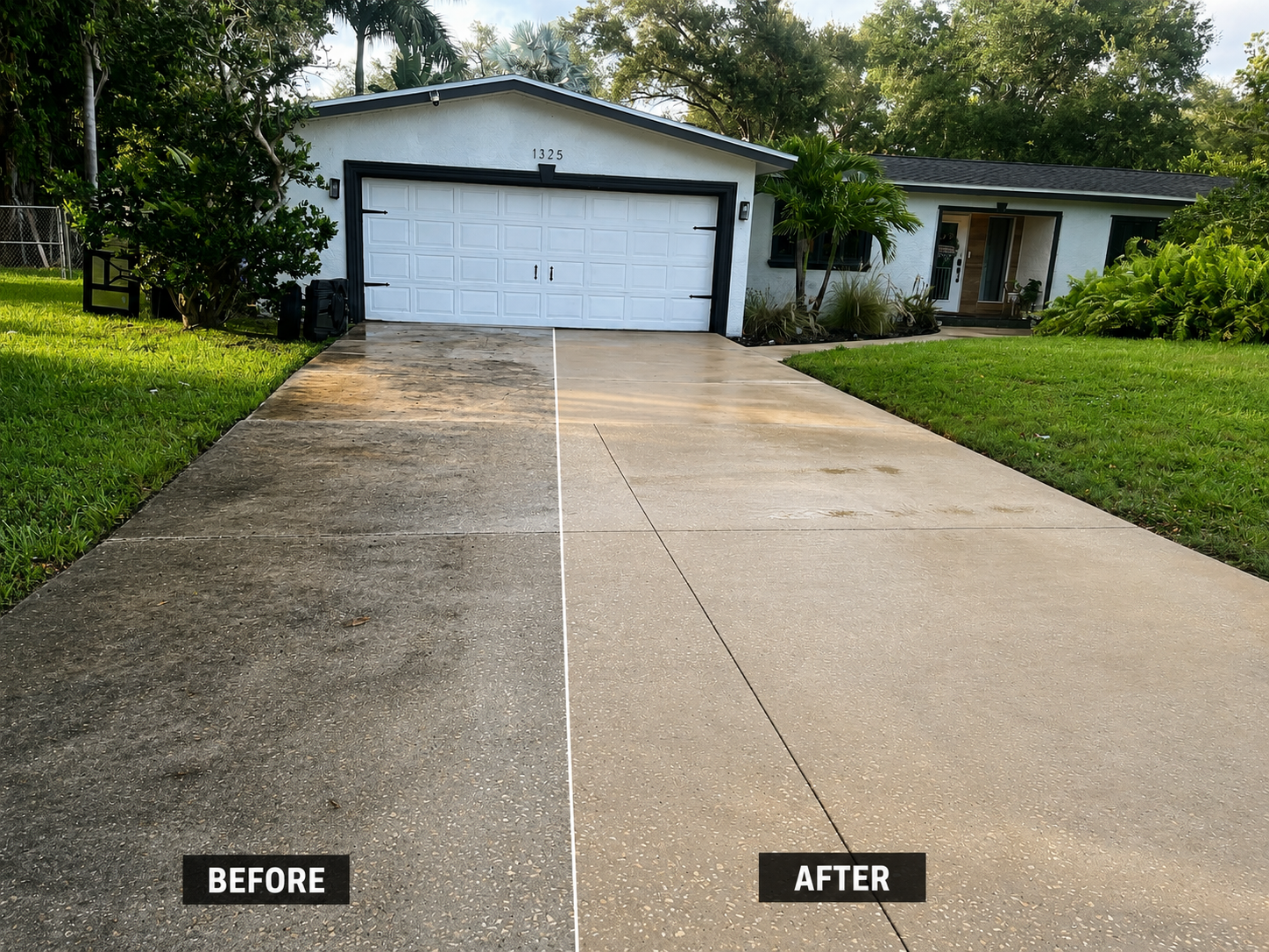 A driveway shown dirty on the left and clean on the right after pressure washing
